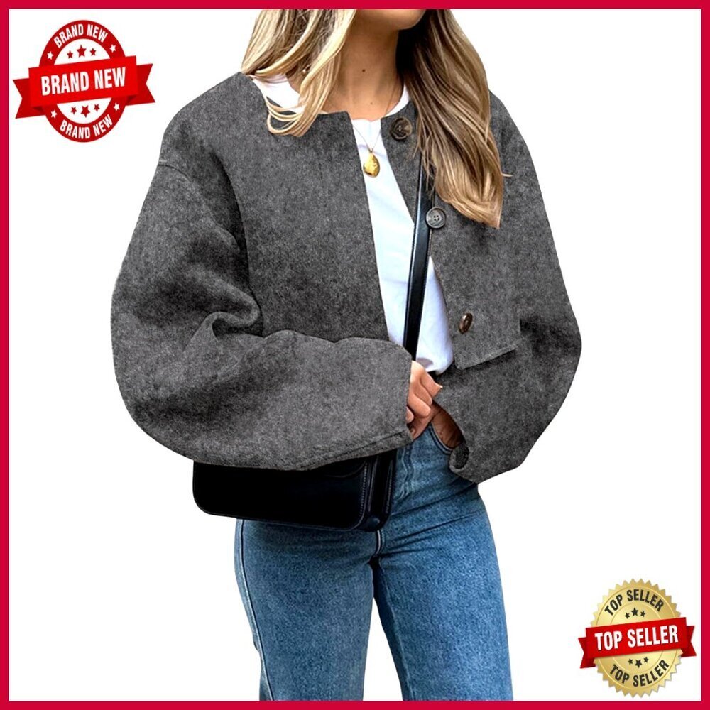 Cropped Wool Blend Pea Coat Jacket Long Sleeve Button Down